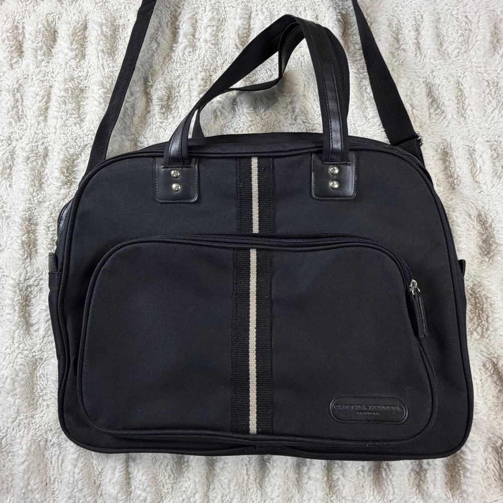 Carolina Herrera Black Canvas Messenger Travel Bag Weekender Striped Detail
